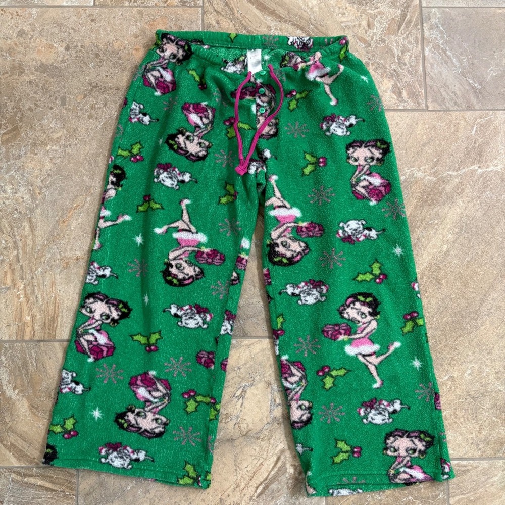 Betty Boop Fleece Pajama Pants Holiday Sleepwearโ Loungewear Green Medium